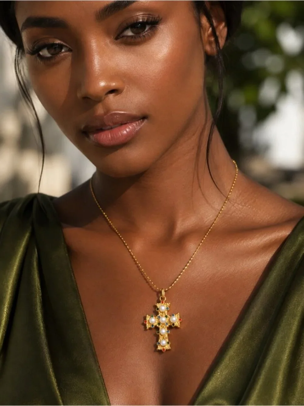 Vintage Gold tone Cross Pendant Necklace with Pearls & Multicolored Gems